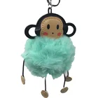 Christmas Present Cute Monkey Pom Pom Keychain Faux Fur Ball Fluffy Leather Key Ring Accessories Jewelry