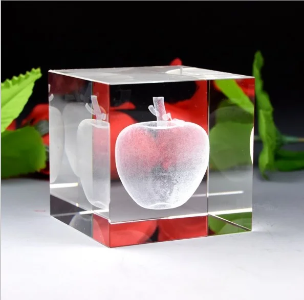 high transparent 3d laser engraved crystal apple image cube