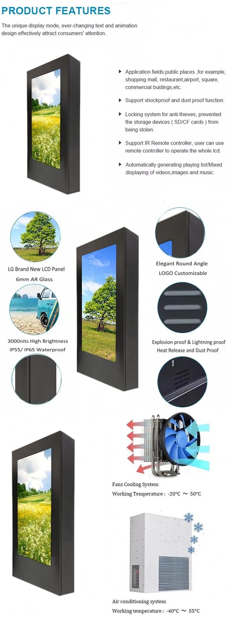 Professional manufacturer big screen 1080P outdoor waterproof lcd advertising player floor stand digital signage