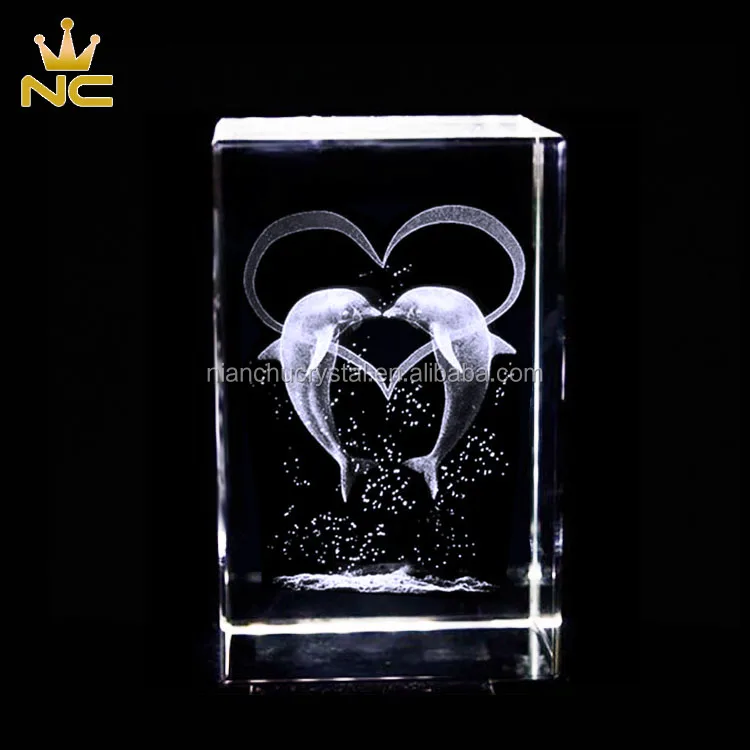 wholesale etched dolphin design 3d laser animal crystal cube