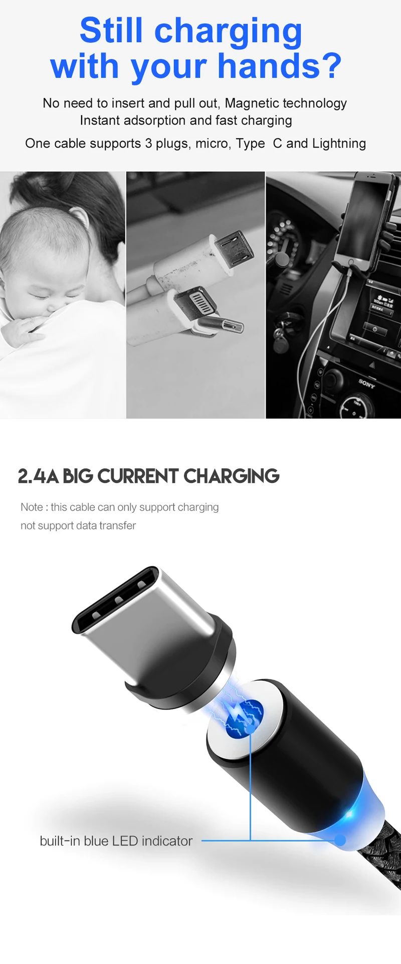 Celular Iman 3 en 1 2.4A Fast Charging Micro Type C USB Magnetic Cargador Cable for iPhone - ANKUX.COM