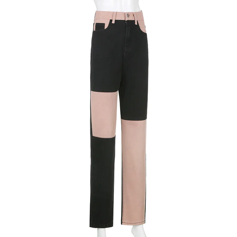 Hot Sale Mom Fit Patchwork Pants Straight Leg Denim Jeans for Woman