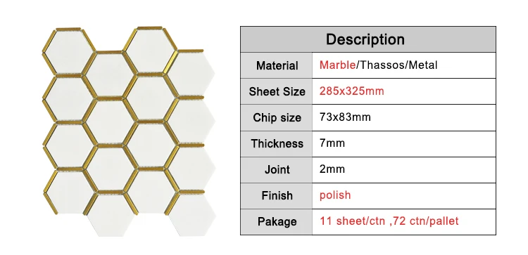 new design hexagonal honeycomb thassos white marble with brush gold stainless steel mosaic tile