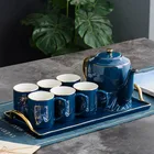 Fashion Water ripple pattern glossy black color ceramic tea pot with cups set