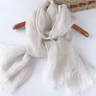 100%linen scarf natural linen color in UV scarf long solid color short fringe head scarf for women