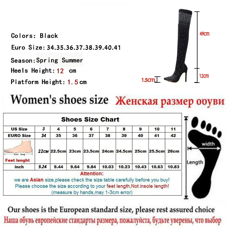 Fashion Runway Crystal Stretch Fabric Sock Boots Pointy Toe Over-the-Knee Heel Thigh High Pointed Toe Woman Boot