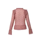 Fancy Blouse Pink Sweet Ladies Fancy Embroidered Lace Chiffon Ruffled Long Sleeve Blouse Shirt For Women