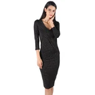 High quality cotton long sleeve black elegant V-neck dress women