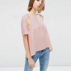 fashion design summer solid color round neck asymmetric zipper cut out lady blouse