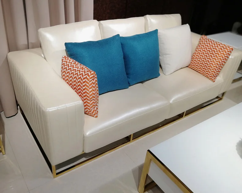 Bespoke Style Luxury Top Grain Genuine White Leather Metal Base L Shape Sectional Sofa Set with Chase