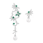 Asymmetrical earrings Light luxurious zircon emerald butterfly pearl asymmetrical earrings 2.2cmx7.5cm fine jewelry