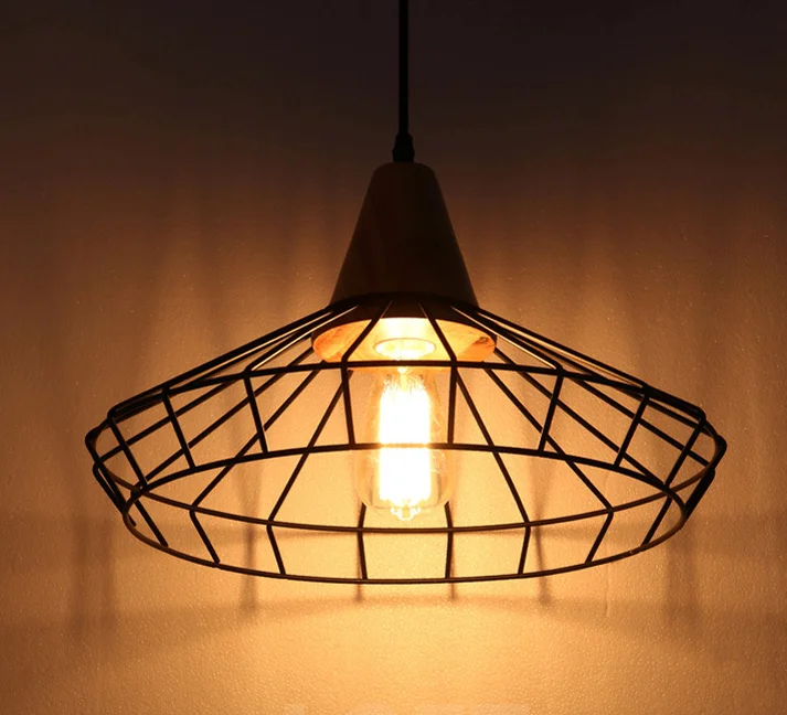 Artdecolite Industrial Loft Geometric Black Metal Cage Single Light Wood Art Pendant Light