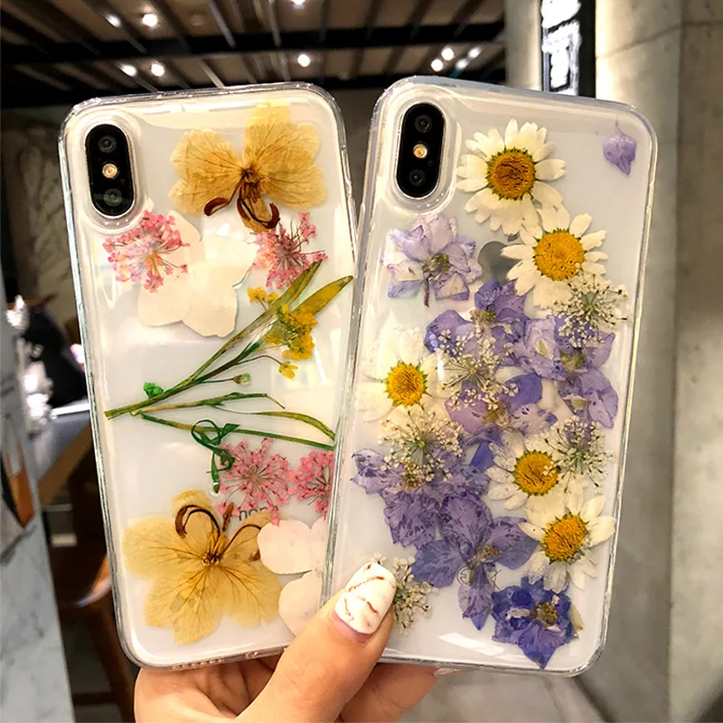 Shockproof Mobile Accessories  Epoxy 3D Dry Dried Real Flower Acrylic Back Phone cover Case