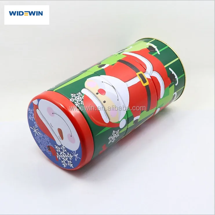 cylindrical tin can/ christmas candy tin box