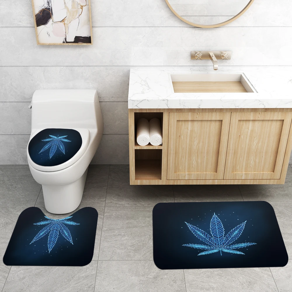 Leaf waterproof polyester fabric 4 piece bathroom rug mat and shower curtain sets