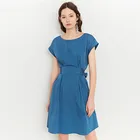 Zdorzi Summer O-Neck High Waist Short Sleeve Solid Blue Elegant Women Dress