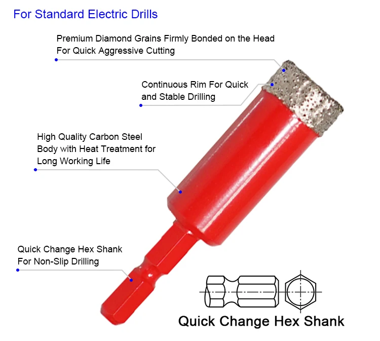 1/4 Quick Change Hex Shank Dry Cutting Vacuum Brazed Diamond Core Drill Bit