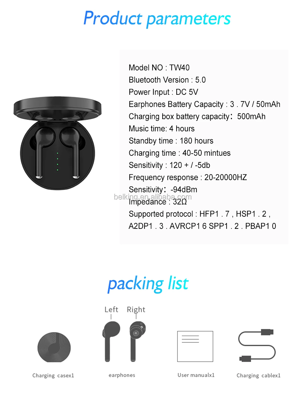 BK-TW40 Smart V5.0 Chip Earbuds BT Wireless Earphone HiFi Stereo Bluetooth Wireless Headphone - ANKUX.COM