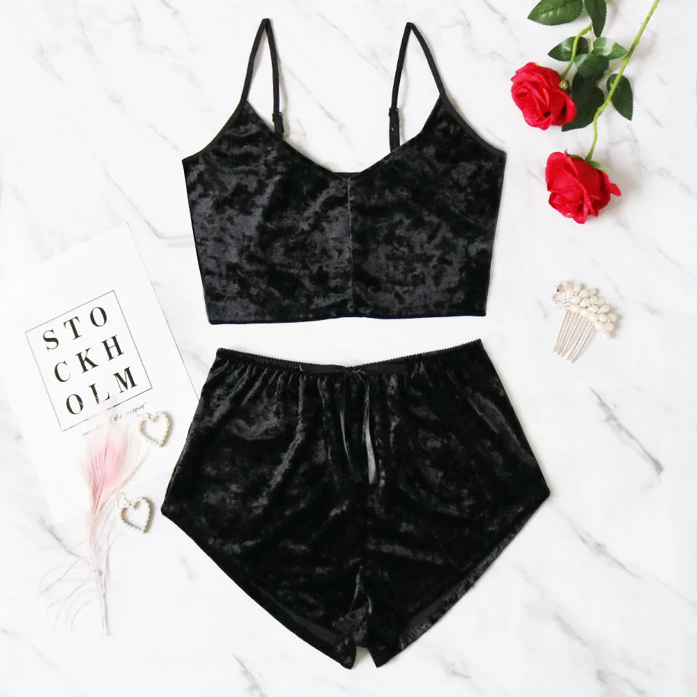 New Women Ladies Sexy Pajamas Velvet Crop Tops Lingerie Underwear Pajamas Bralette Panty Set