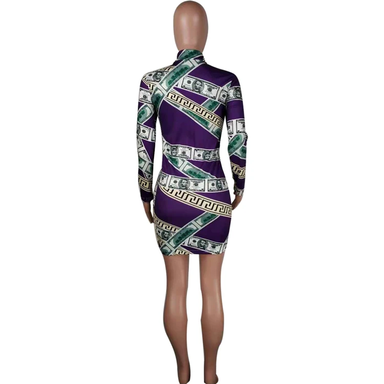 A090437 wholesale price slimming pattern print wrap hip long sleeve women fashion purple mini dress