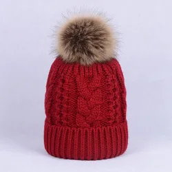 Cute lady Beanies caps Crochet Warm Knit Fur Ball Hats Kids Removable Fur Pom Pom Winter Fur Hat