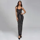Sexy Spaghetti Strap Low-cut Shiny Diamonds Long Black Crystals Prom Dresses Dinner Gown Evening Dress for Ladies Woman