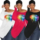 Cheap Price Fashion sexy off-shoulder irregular long sleeve print women's T-shirt