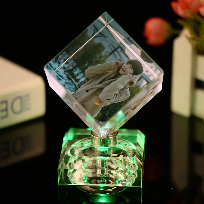 up personalized custom crystal glass photo frame rotating cube