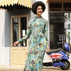 Long Sleeves Pleated Stand-up Collar Fashion Long Dress Printing Ladies Fashion Dress