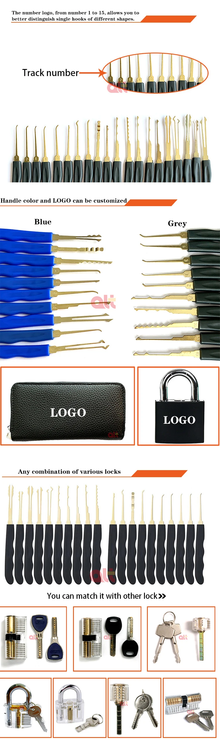 wholesale 24pcs goso locksmith supplies lock pick tools lock set with Transparent Practice Padlock locksmith tool lockpicking