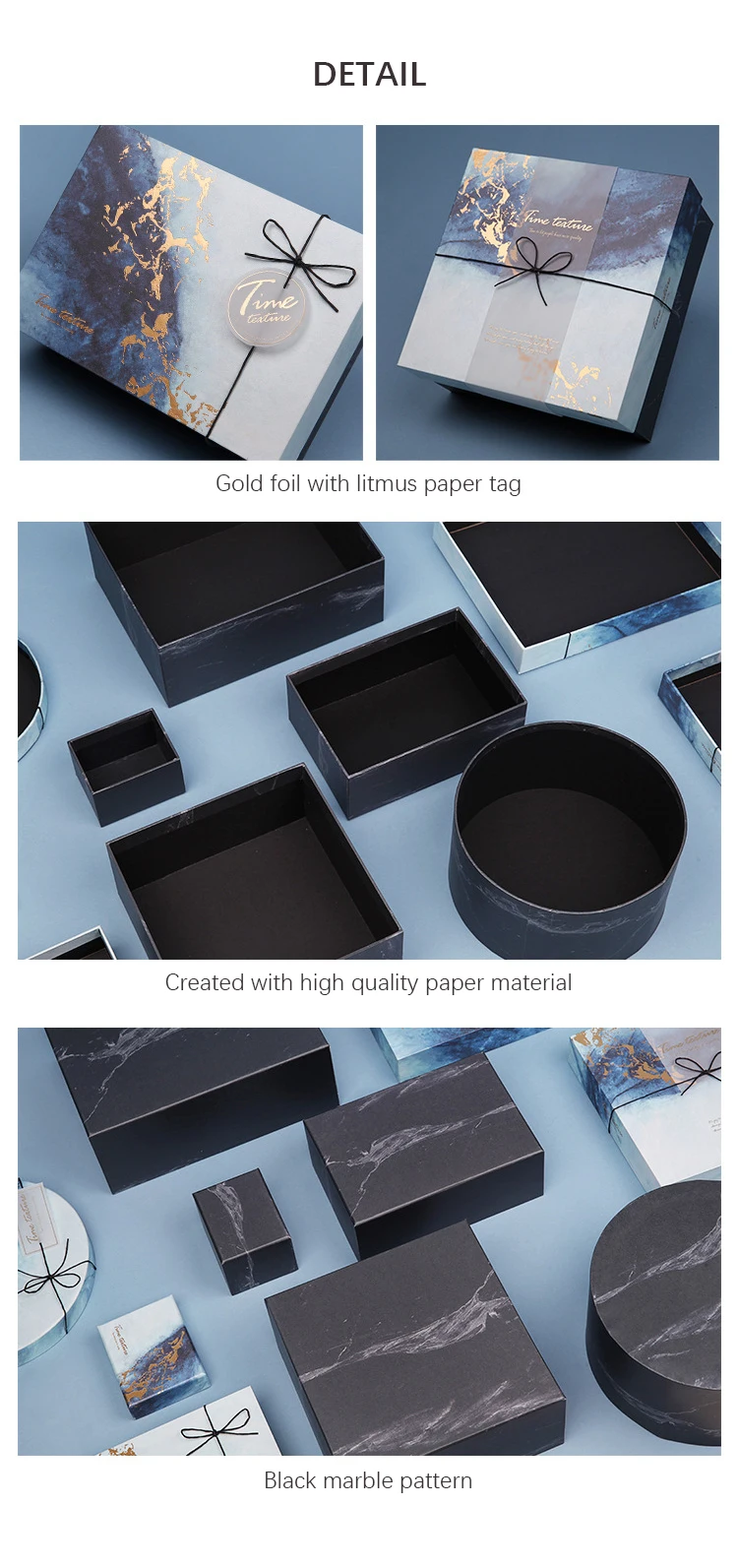 product feature blue marble custom gift boxes and gift bags set