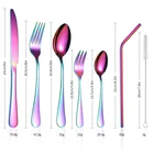 Set Low MOQ And Short Delivery Date Hotel Straw Colorful Rainbow Cutlery Set 42pcs Stainless Steel Cutlery Set