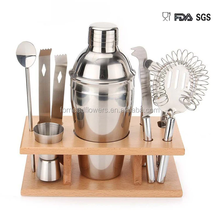 Forneed hot sale 250ml/350ml/550ml/750ml cocktail shaker set with bamboo stand holder