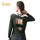 Womans Long Sleeve Fitness Yoga Top Sport Shirts Gym Workout Tops Sexy Backless Mesh Black T Shirt