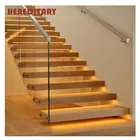 Wooden treads straight staircase indoor used wood tempered glass staircase with metal railing