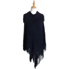 Simple design knitting collared shawl poncho with tassel