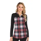 Cheap Wholesale Women Tunic Tops V Neck Long Sleeve Female Plaid Print Blouse