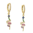 Engagement Gold Jewelry Fashion Girl Women Rainbow Multi Color Cz Paved Dangle Snake Charm Drop Earring Gold Color Jewelry