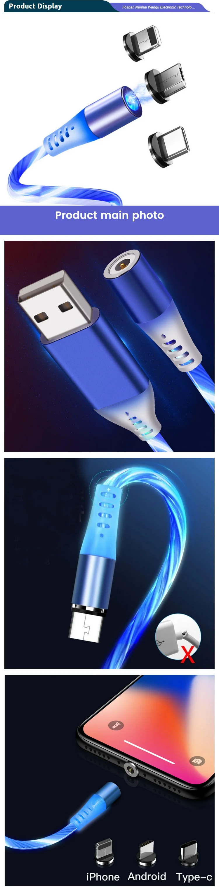 Vehicle magnetic suction mobile phone streamer charging lines Multi Colors Flowing LED Light Strong Magnetic 3 in 1 USB cable - ANKUX.COM