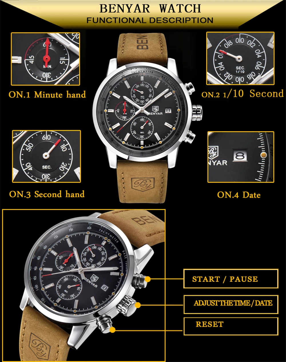 BENYAR 5102 Men Quartz Watch Chronograph Calendar Water Resistant Leather Wrist