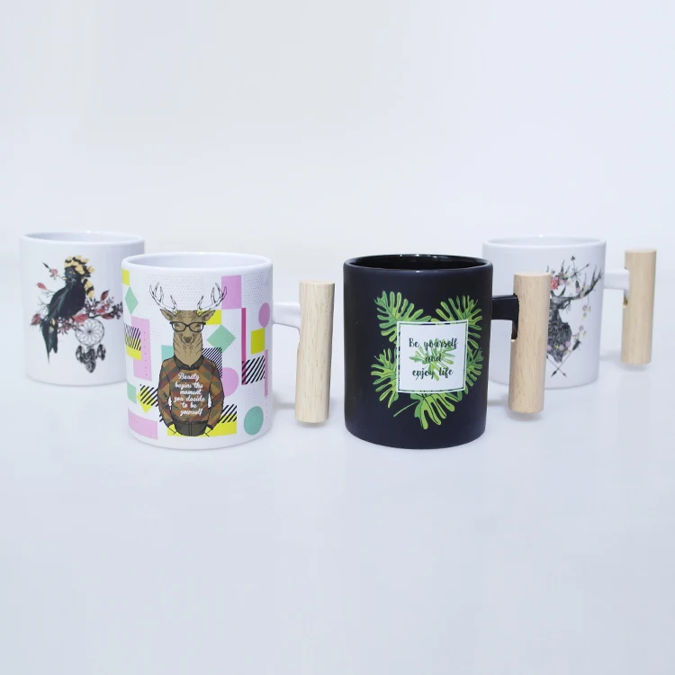 white /black ceramic coffee mug with wood handle and printing