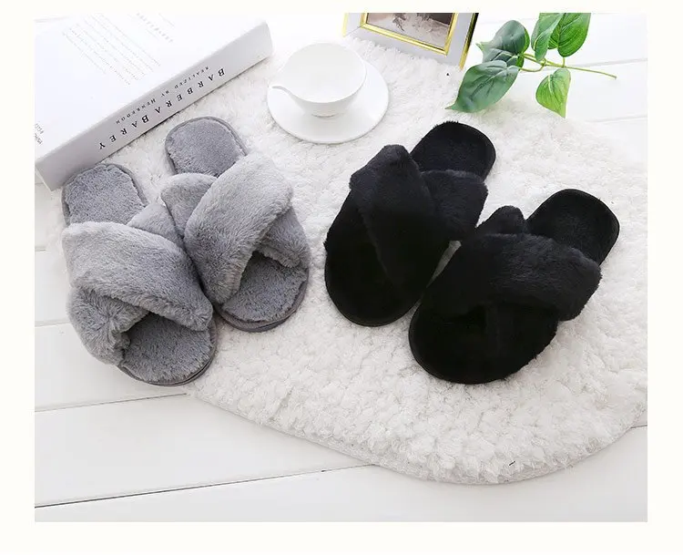 Winter Women Home Slippers with Faux Fur Fashion Warm Shoes Woman Slip on Flats Female Slides