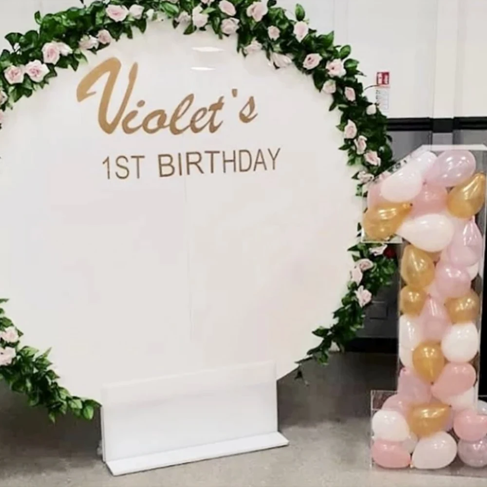 custom round white acrylic wedding party backdrop