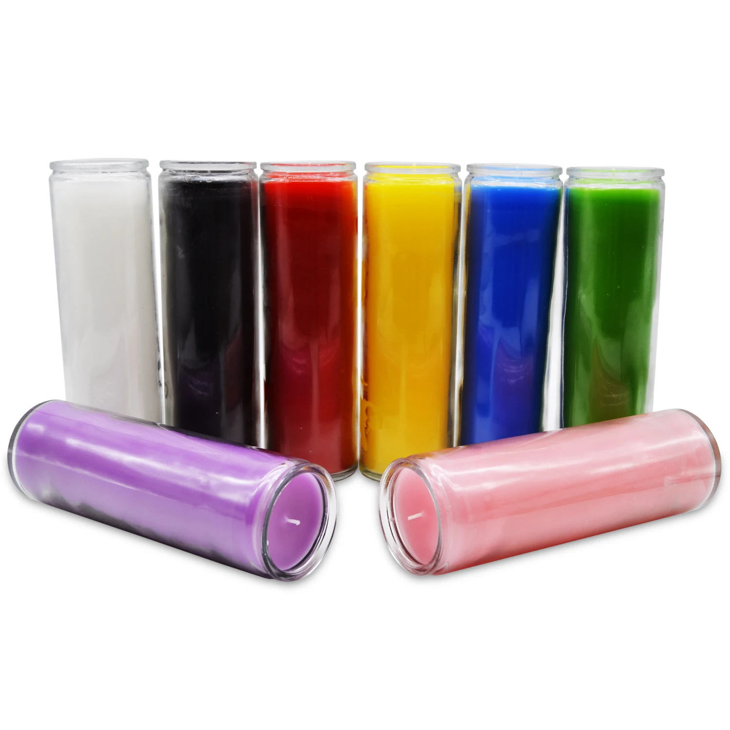 Wholesale colored eternalux religious accord 7 day orisha burning no glass pillar church ritual spiritual garden candles, wholesale santeria 7 day glass wedding beloved unity prayer saint candles, custom praying ritual multi colored Jewish grave catholic baptism spell white candles, personalized hanging vigil oil church alter candles.