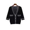 Classic model women's black and white v-neck half sleeve cardigan knitted shirt blouse summer autumn with pockets