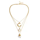 Jiushang geometry gold long letter baroque pearl layered pendant necklace