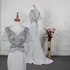 Silver Color Heavy Beaded Rhinestone V Neck Ruffles Short Sleeve 2019 Real Photo Evening Dresses For Women Fashion Night Gowns