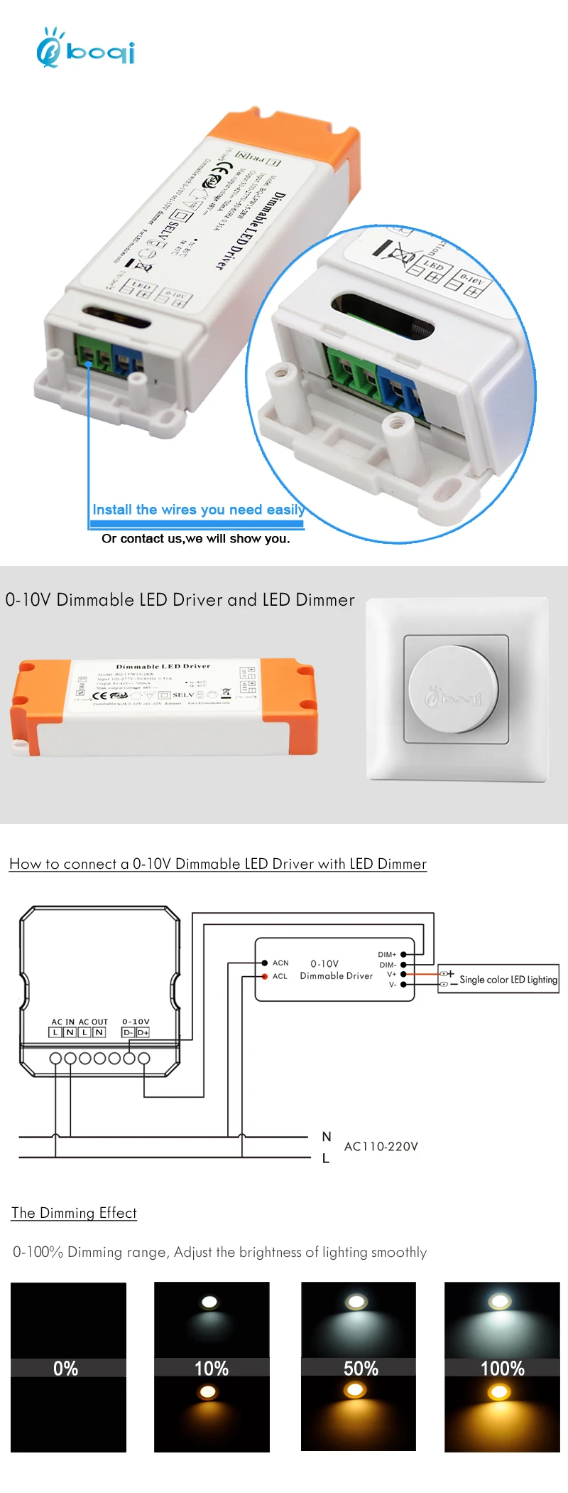 boqi 0-10v dimmable led driver 42v 400ma 18w dimming led driver with CE SAA