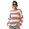 Wholesale two Color O Neck Fashion Winter pullover Boat collar ladies knit Lantern sleeve stripe women sweater