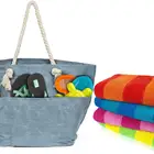 Casual Ladies Large Size Black Canvas Cotton Beach Tote Bag With Rope Handle
